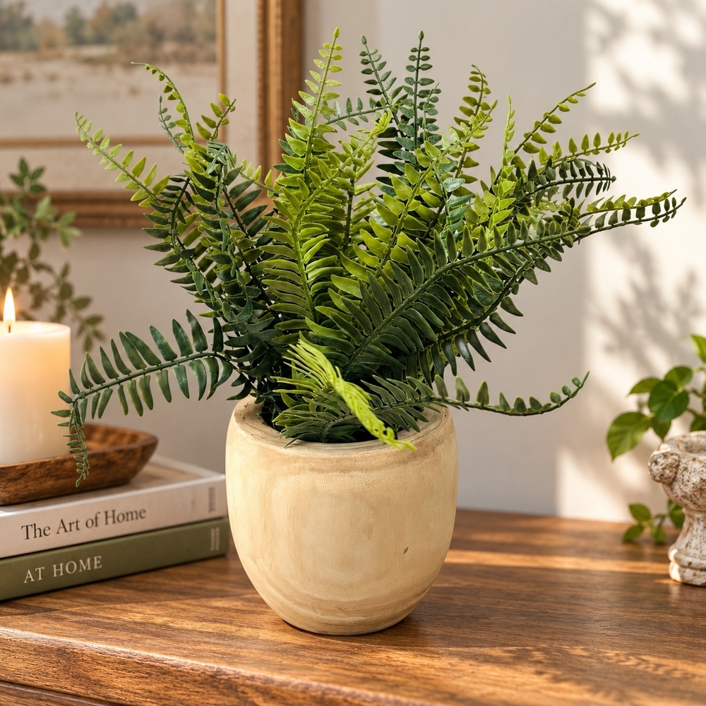 Threshold Faux Ribbon Fern 13" Potted Plant Wood Planter VG